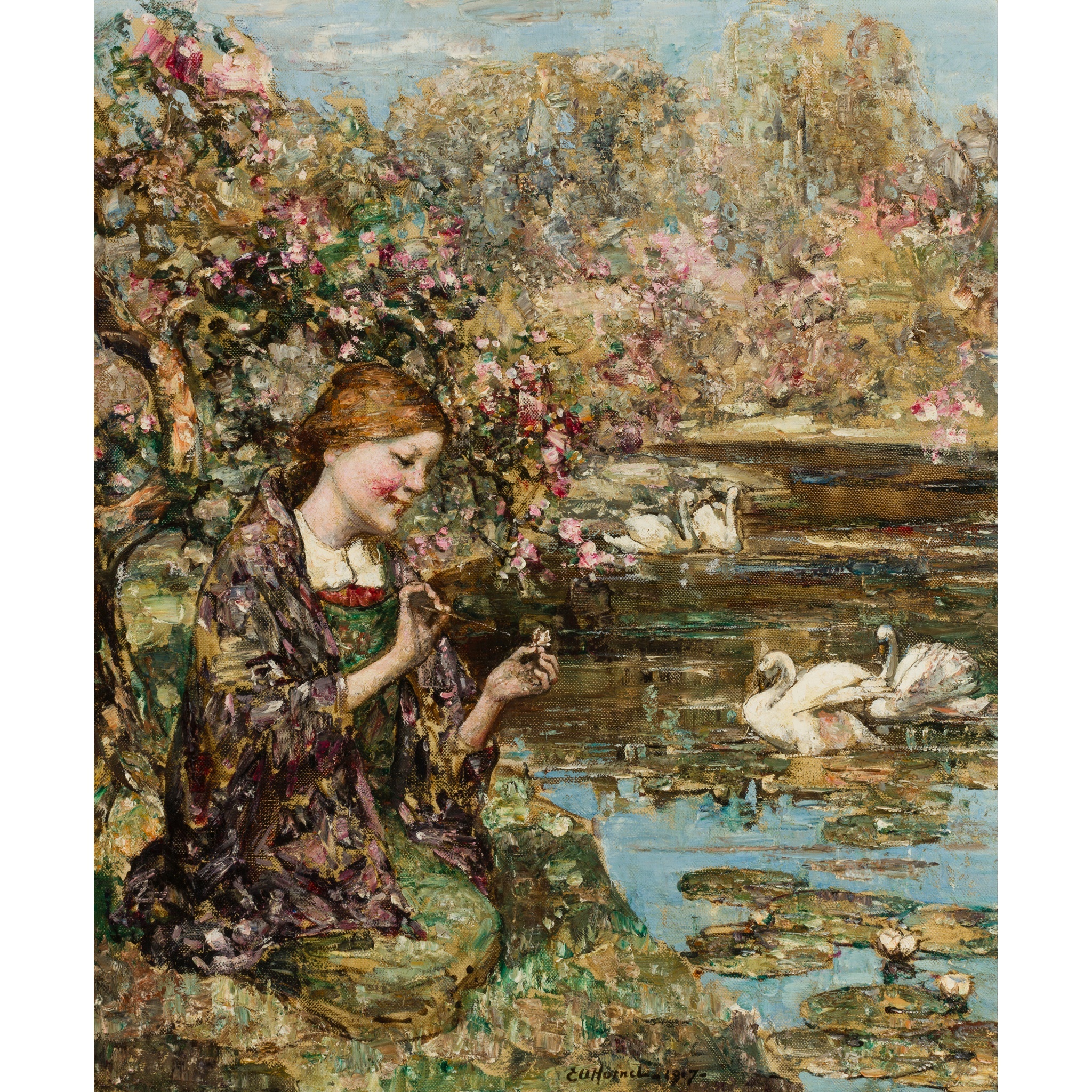 EDWARD ATKINSON HORNEL (SCOTTISH 1864-1933) | SWAN LAKE Signed and dated 1917, oil on canvas | 765cm x 63cm (30in x 25in) Sold for £13,750 incl premium